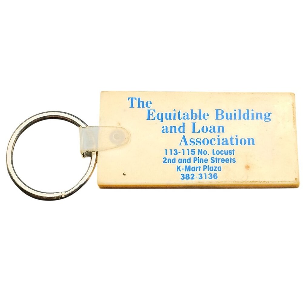 Vintage Equitable Building & Loan Association Keychain Plastic Rectangular Desig